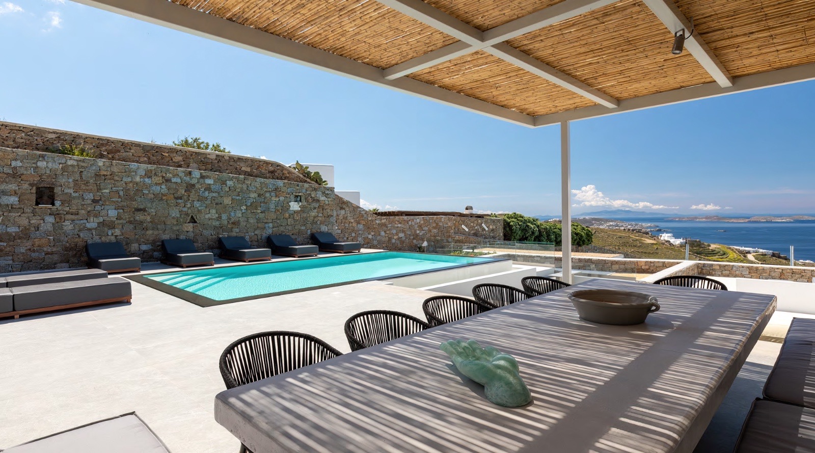 Mykonos terrace with pergola and sea view