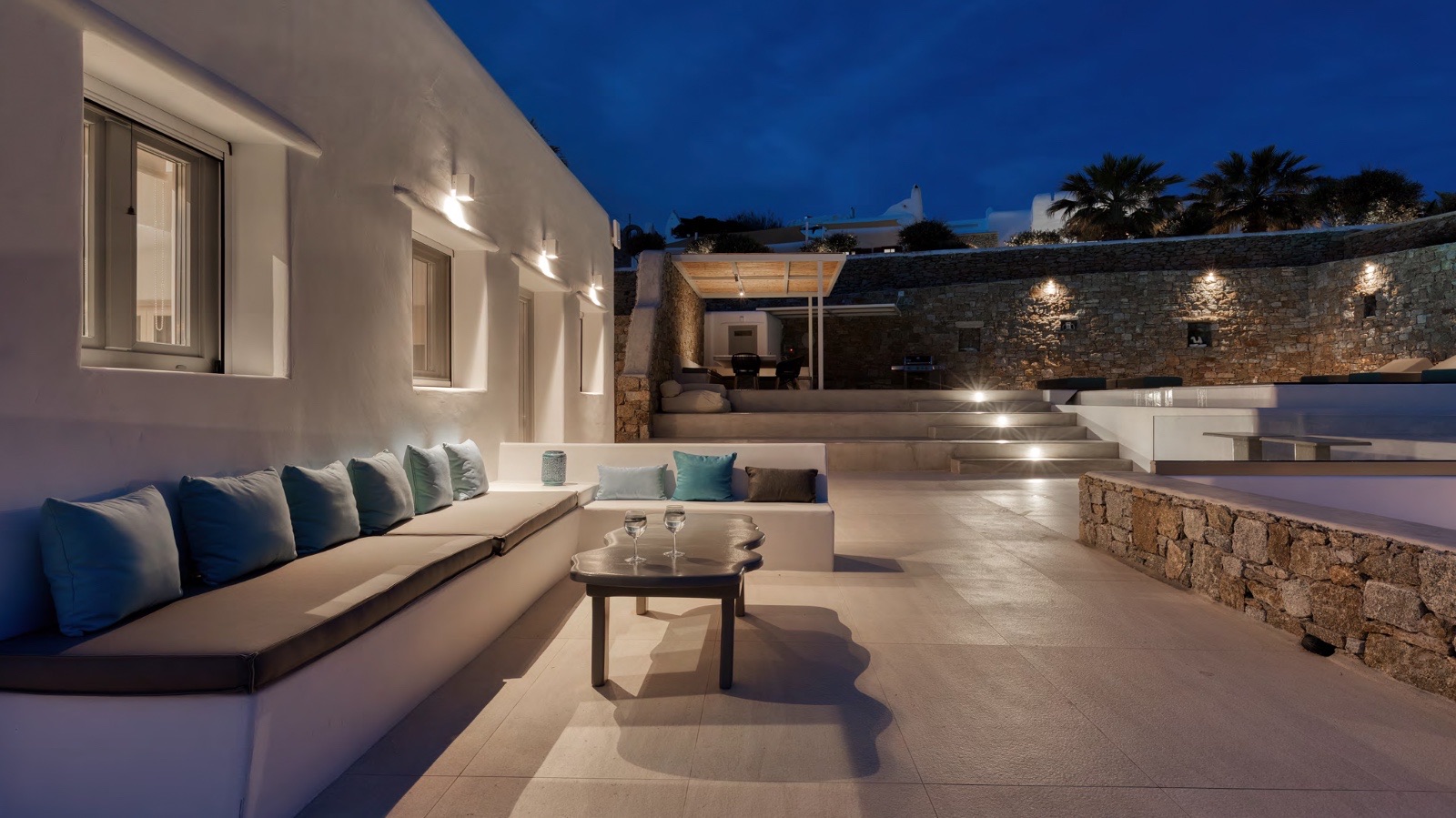 Mykonos villa terrace at twilight