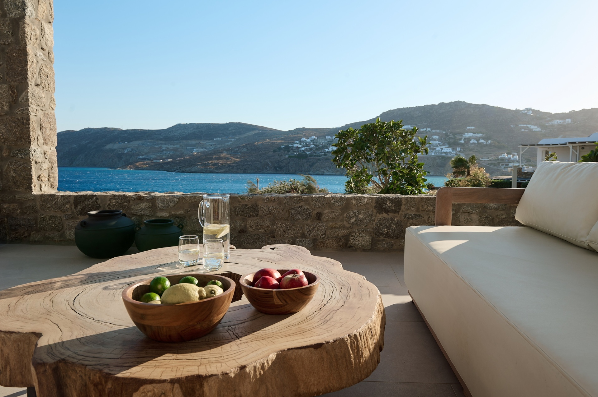 Mykonos terrace with fresh fruit and sea view